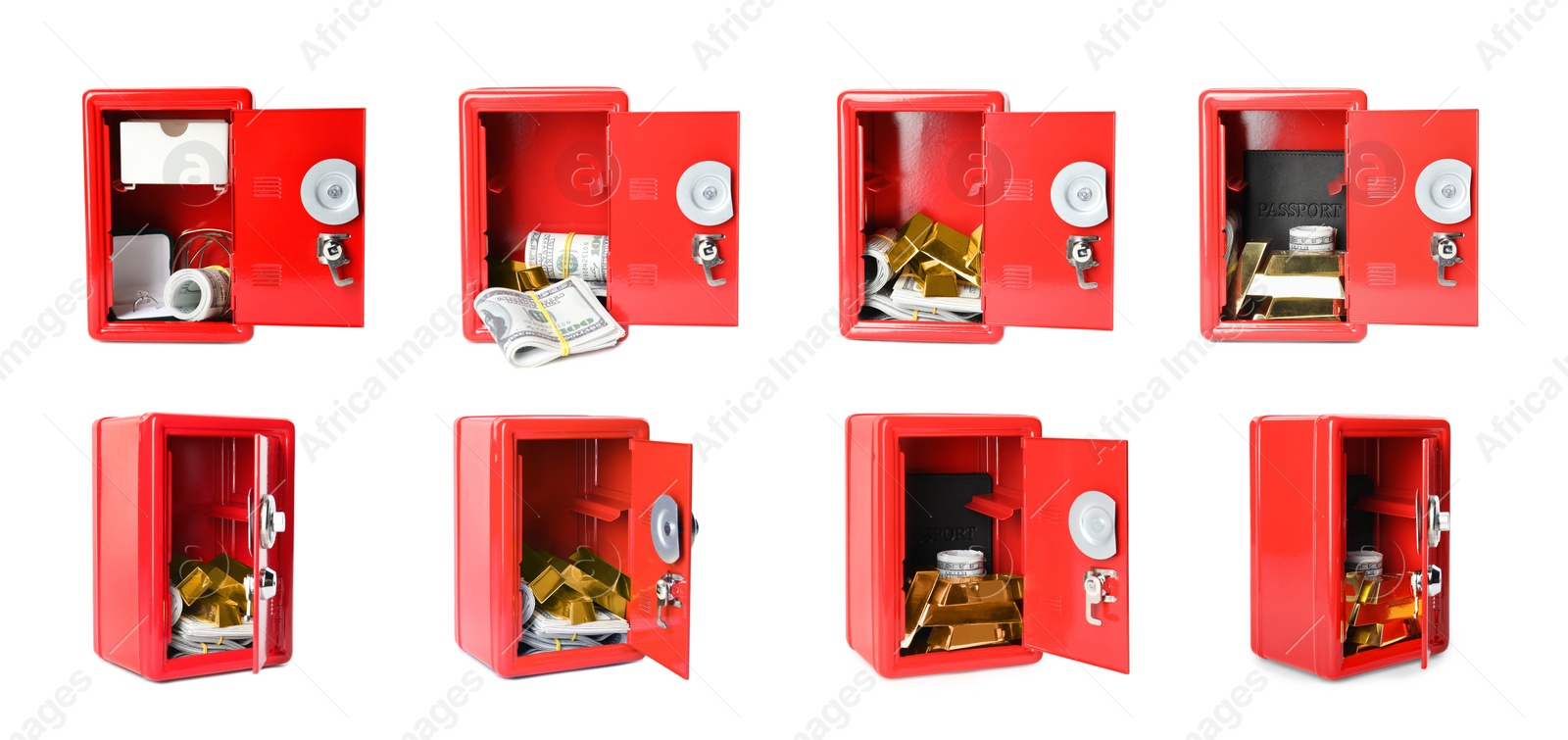 Image of Open red steel safe with gold and money on white background, view from different sides