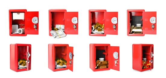 Open red steel safe with gold and money on white background, view from different sides