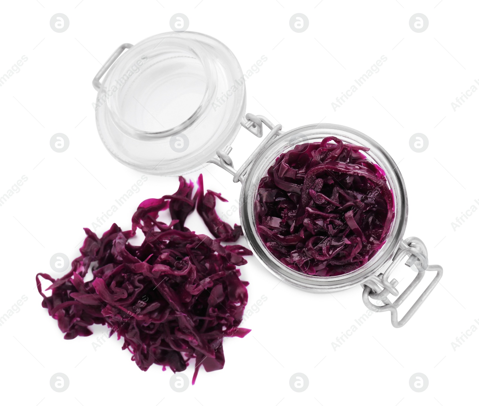 Photo of Jar with tasty red cabbage sauerkraut on white background, top view