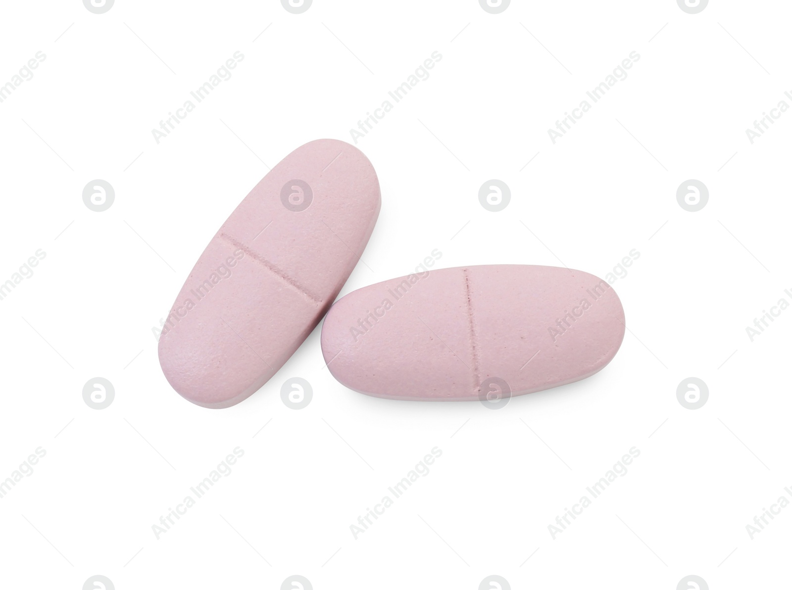 Photo of Vitamin pills isolated on white, top view. Health supplement