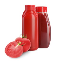 Tasty ketchup and fresh ripe tomatoes on white background
