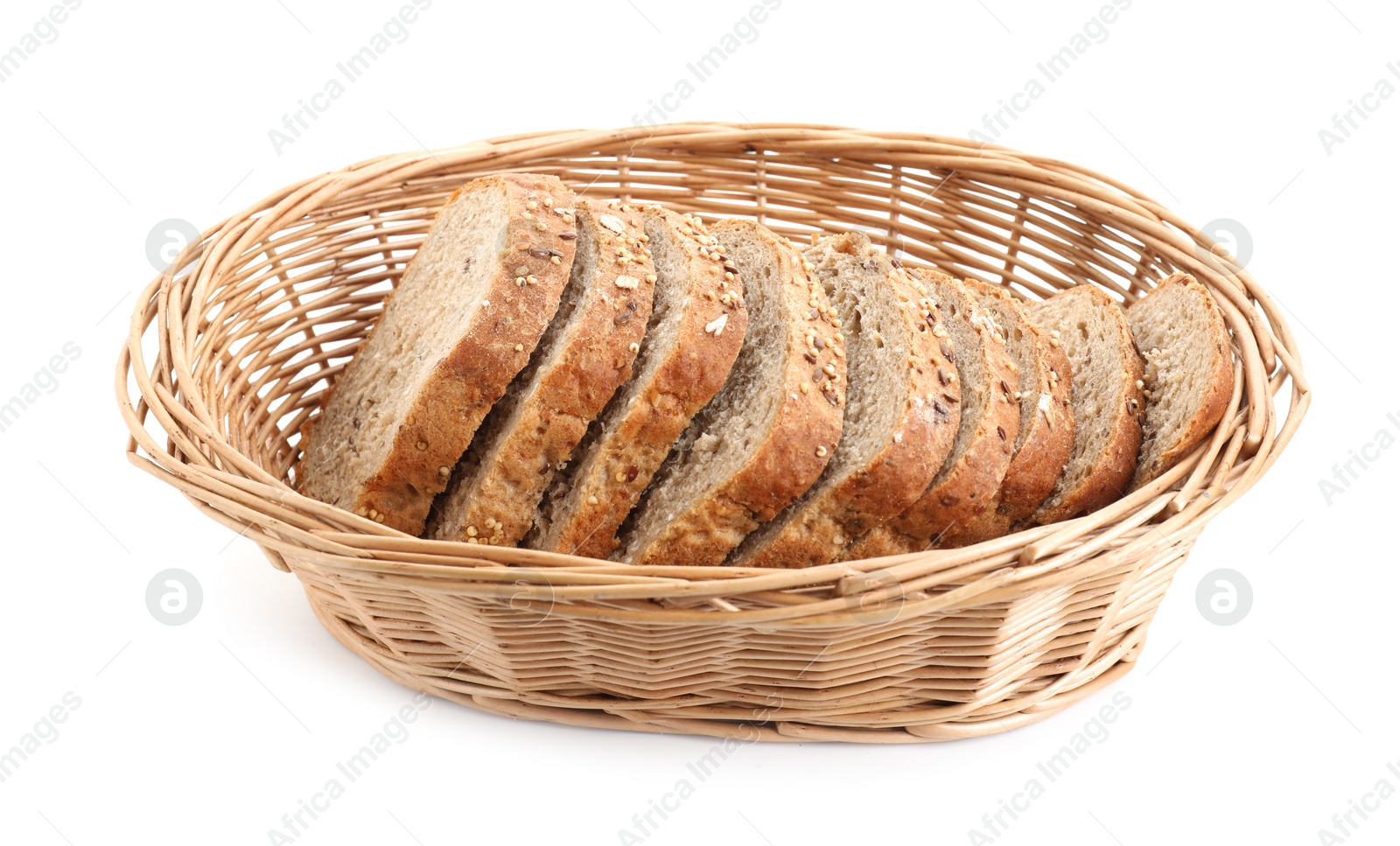 Photo of Slices of fresh homemade bread in wicker basket isolated on white