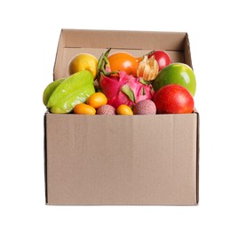Photo of Cardboard box with different exotic fruits on white background