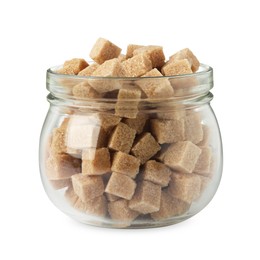 Glass jar of brown sugar cubes isolated on white