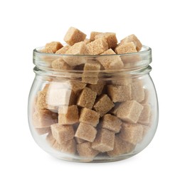 Photo of Glass jar of brown sugar cubes isolated on white