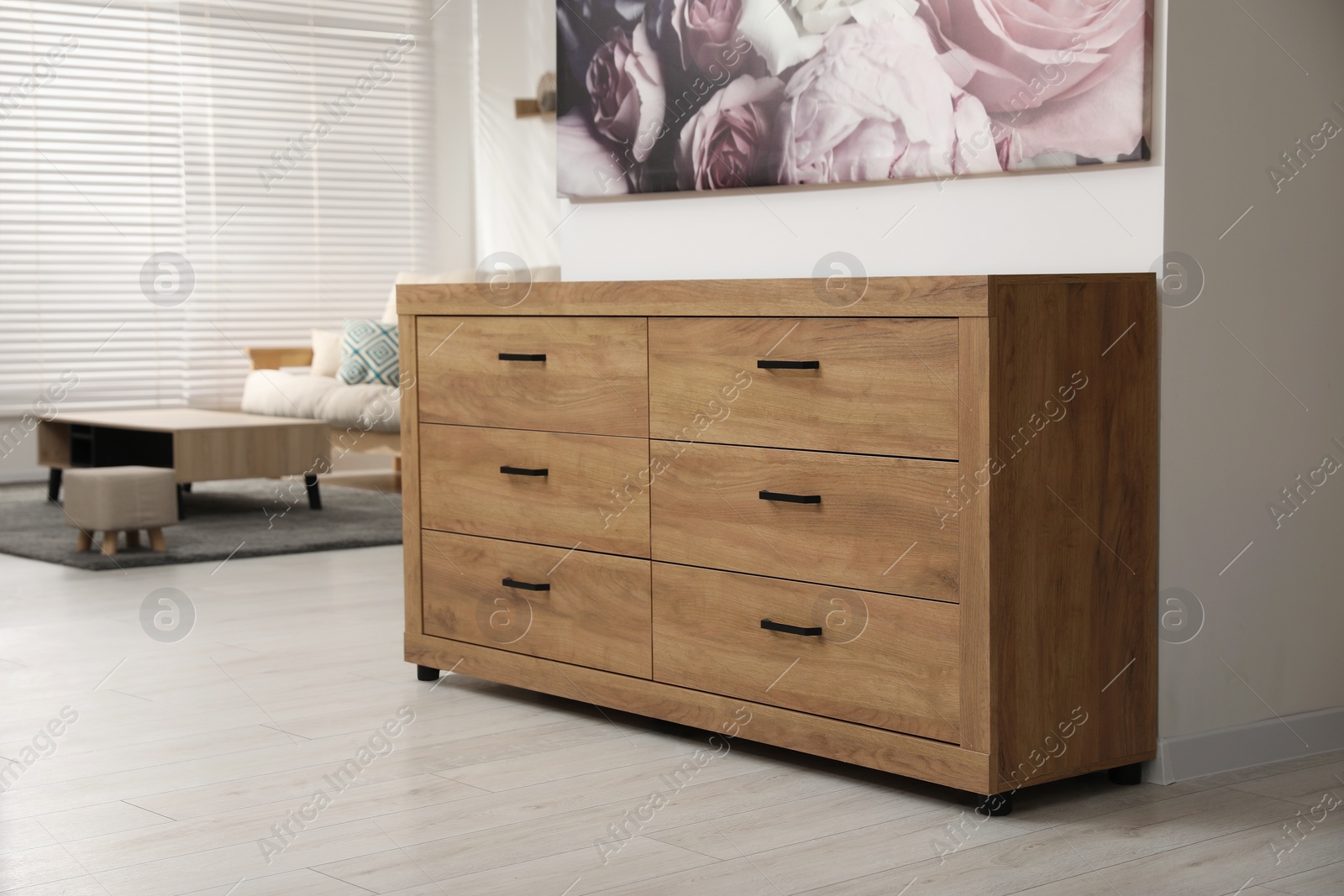 Photo of Wooden chest of drawers near white wall in stylish room