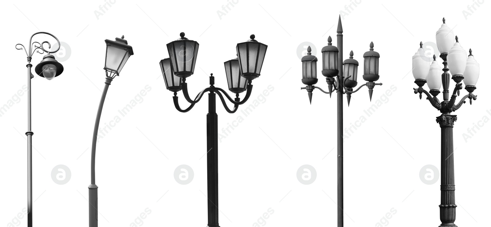 Image of Beautiful street lamps in retro style on white background, collage. Banner design