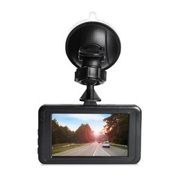Modern car dashboard camera with photo of road on screen against white background