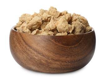 Dehydrated soy meat chunks in bowl on white background