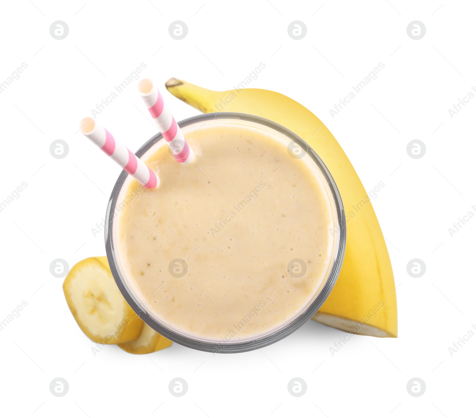 Photo of Glass of tasty banana smoothie with straws and fresh fruit on white background, top view