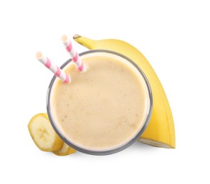 Photo of Glass of tasty banana smoothie with straws and fresh fruit on white background, top view