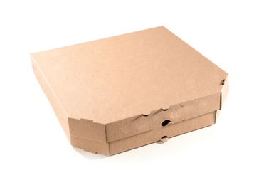 Photo of Cardboard pizza box on white background. Food delivery