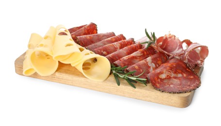 Photo of Charcuterie board. Delicious cured ham, cheese, sausage and rosemary isolated on white