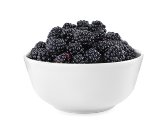 Photo of Fresh ripe blackberries in bowl isolated on white