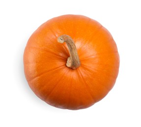 Photo of One fresh orange pumpkin isolated on white, top view