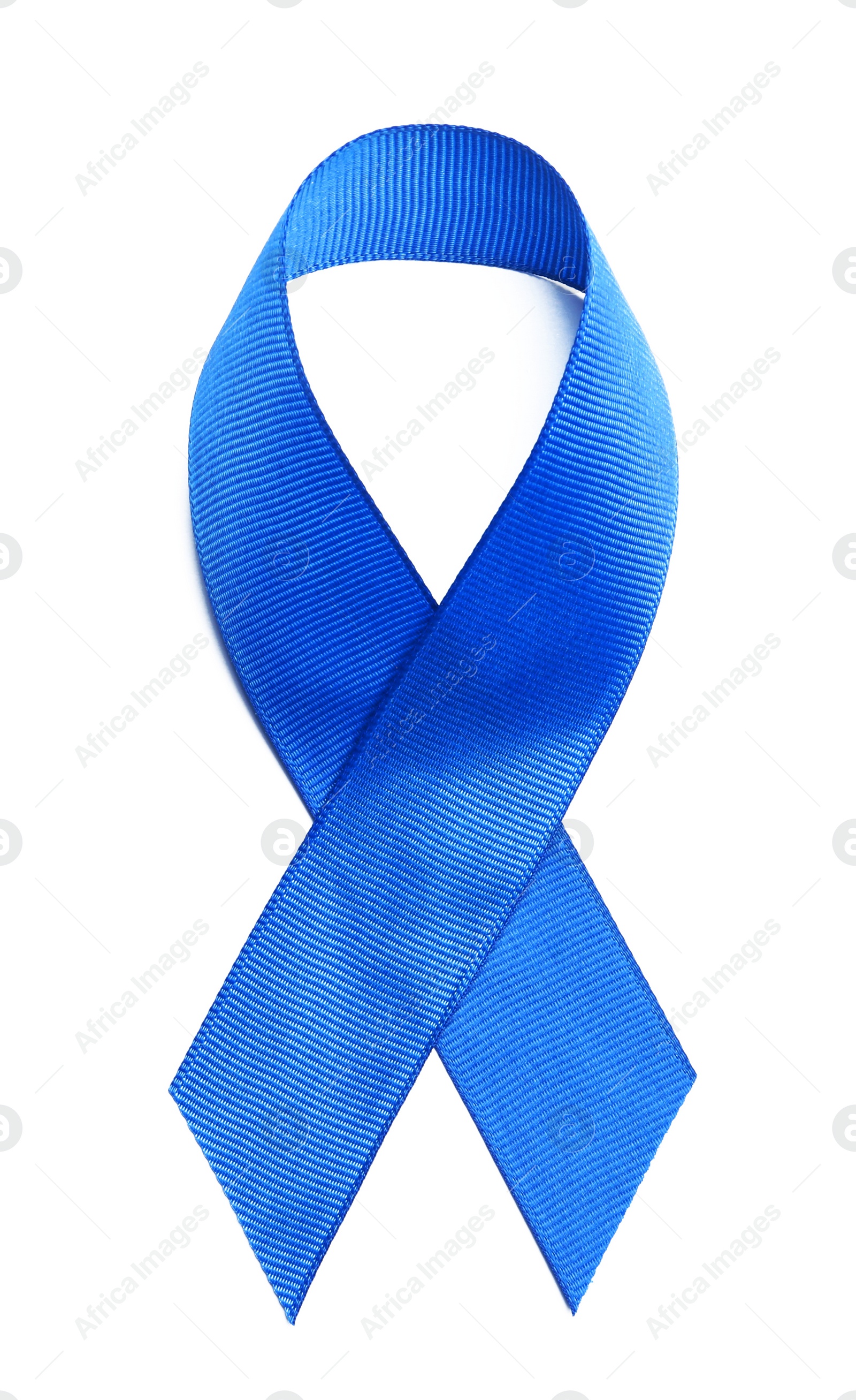 Photo of Blue ribbon on white background. Colon cancer awareness concept