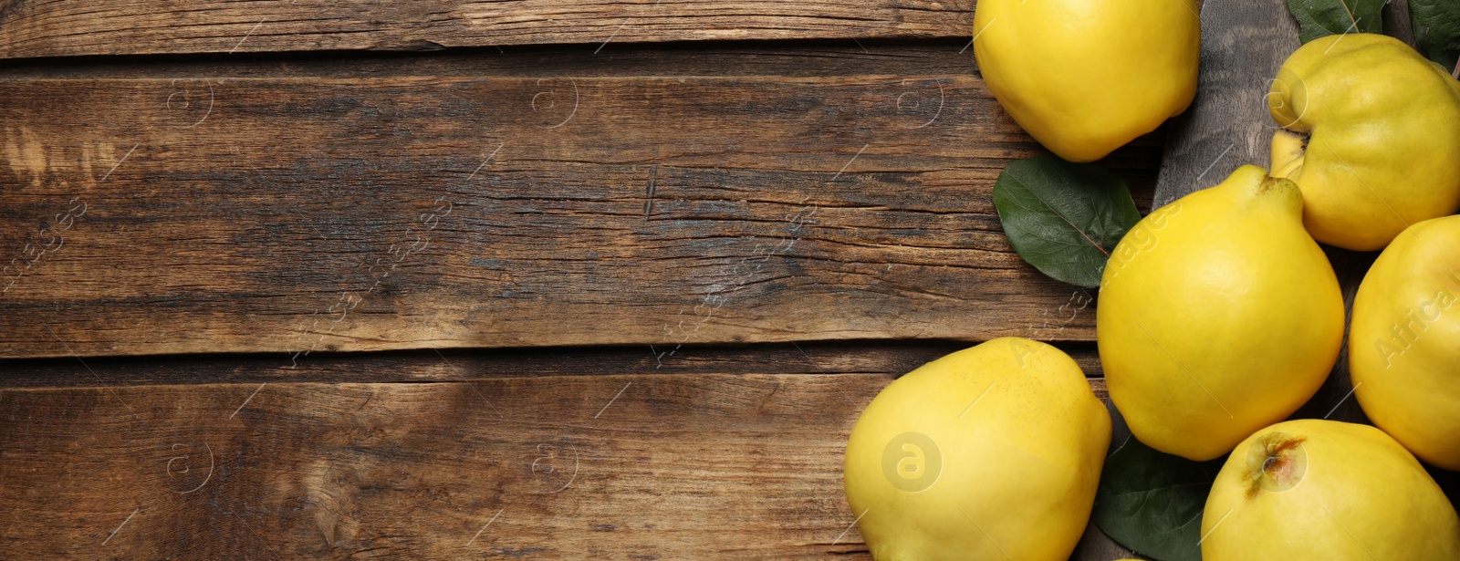 Image of Fresh ripe organic quinces with leaves on wooden table, flat lay with space for text. Banner design