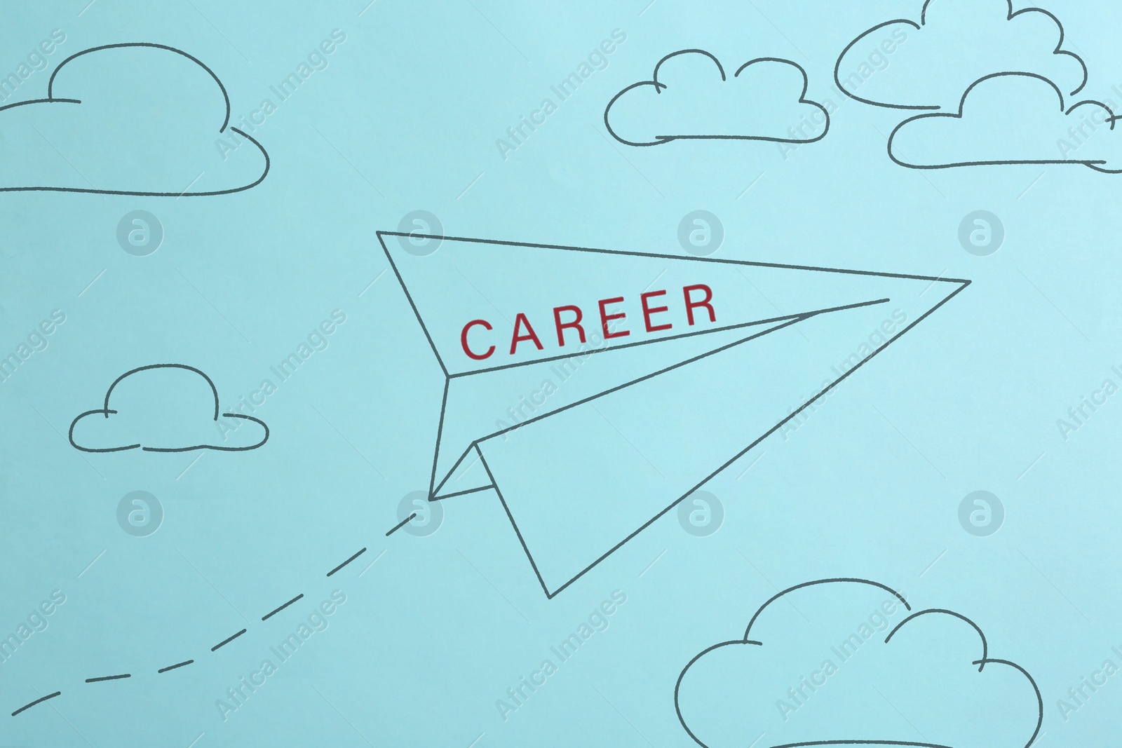 Photo of Drawing of paper plane with word CAREER in blue sky, top view. Promotion concept