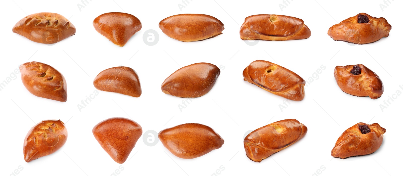 Image of Set with delicious baked patties on white background. Banner design