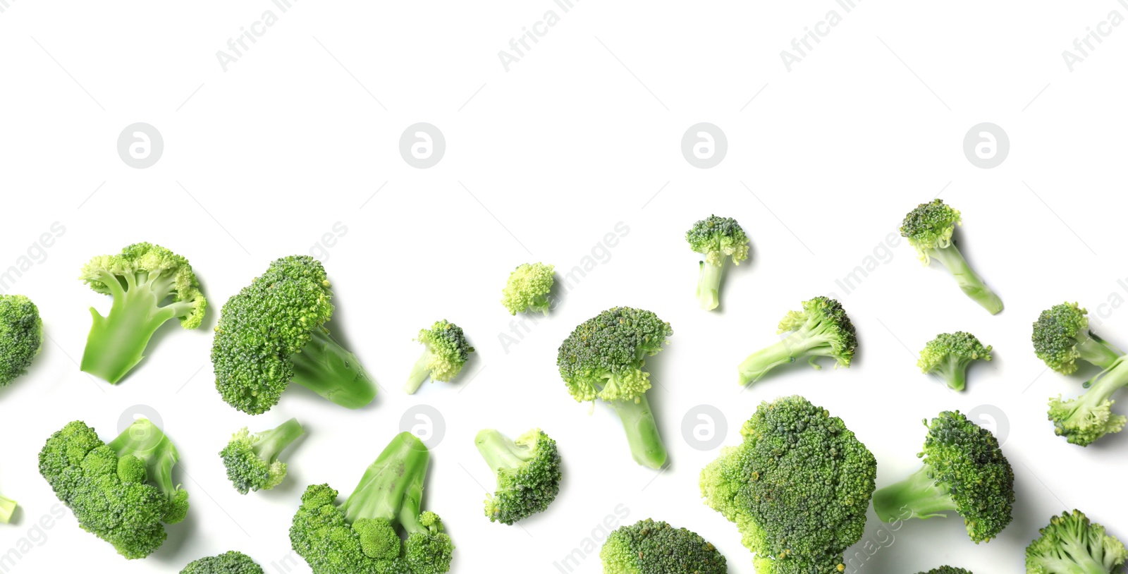 Photo of Flat lay composition with fresh green broccoli on light background