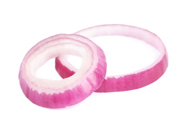 Photo of Sliced red onion rings on white background