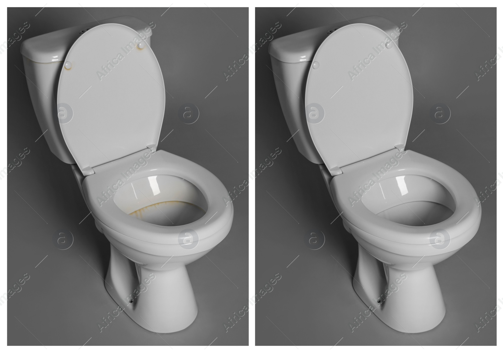 Image of Toilet bowl before and after cleaning on grey background