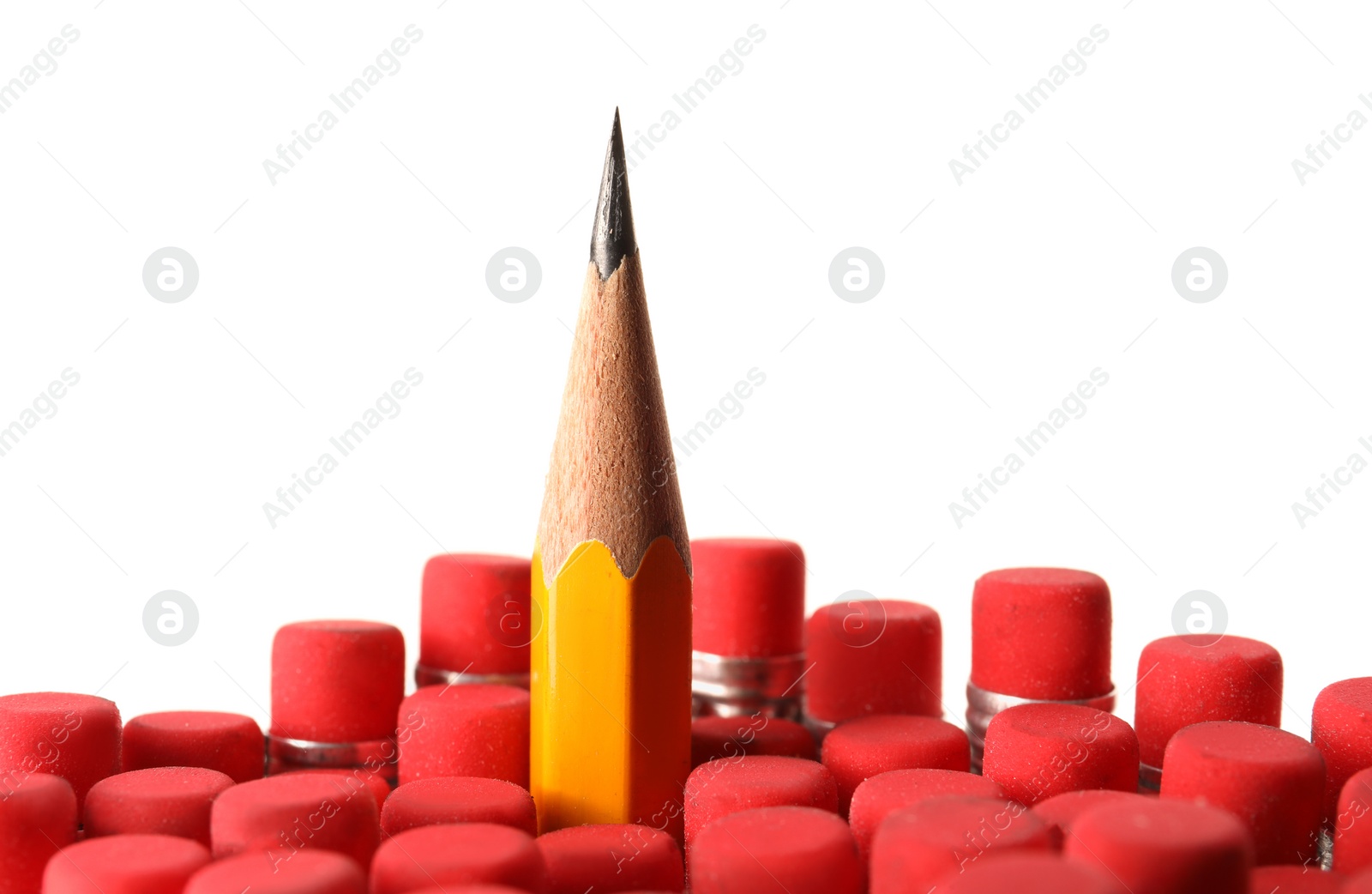 Photo of Sharp graphite pencil among others with erasers isolated on white