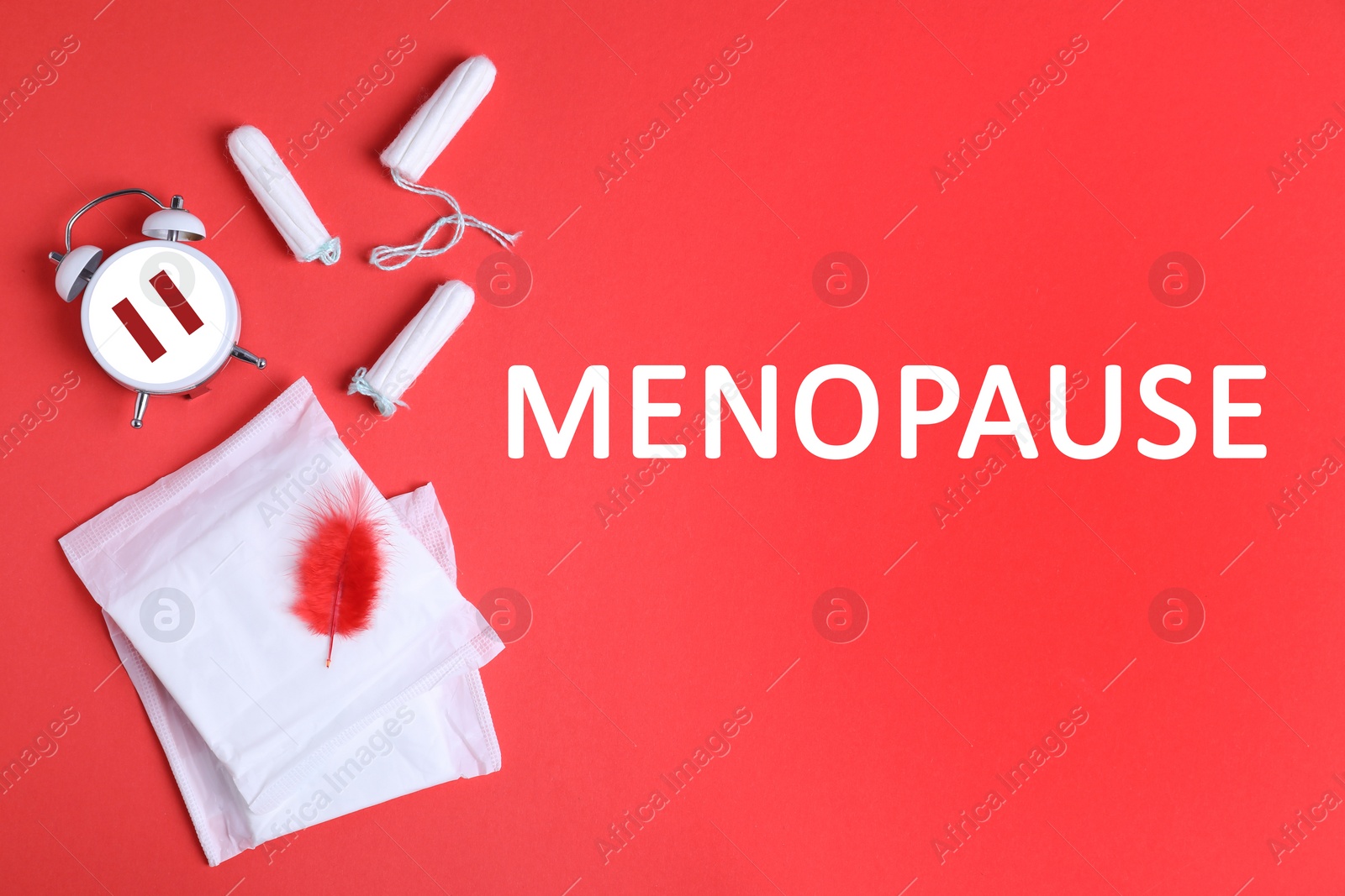 Image of Menopause word, alarm clock with pause symbol, tampons and pads on red background, flat lay
