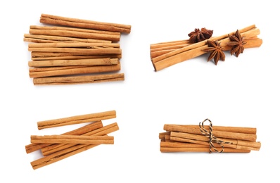 Image of Set with aromatic cinnamon sticks on white background 