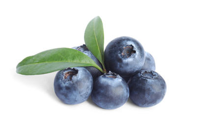 Fresh ripe blueberries with leaves on white background