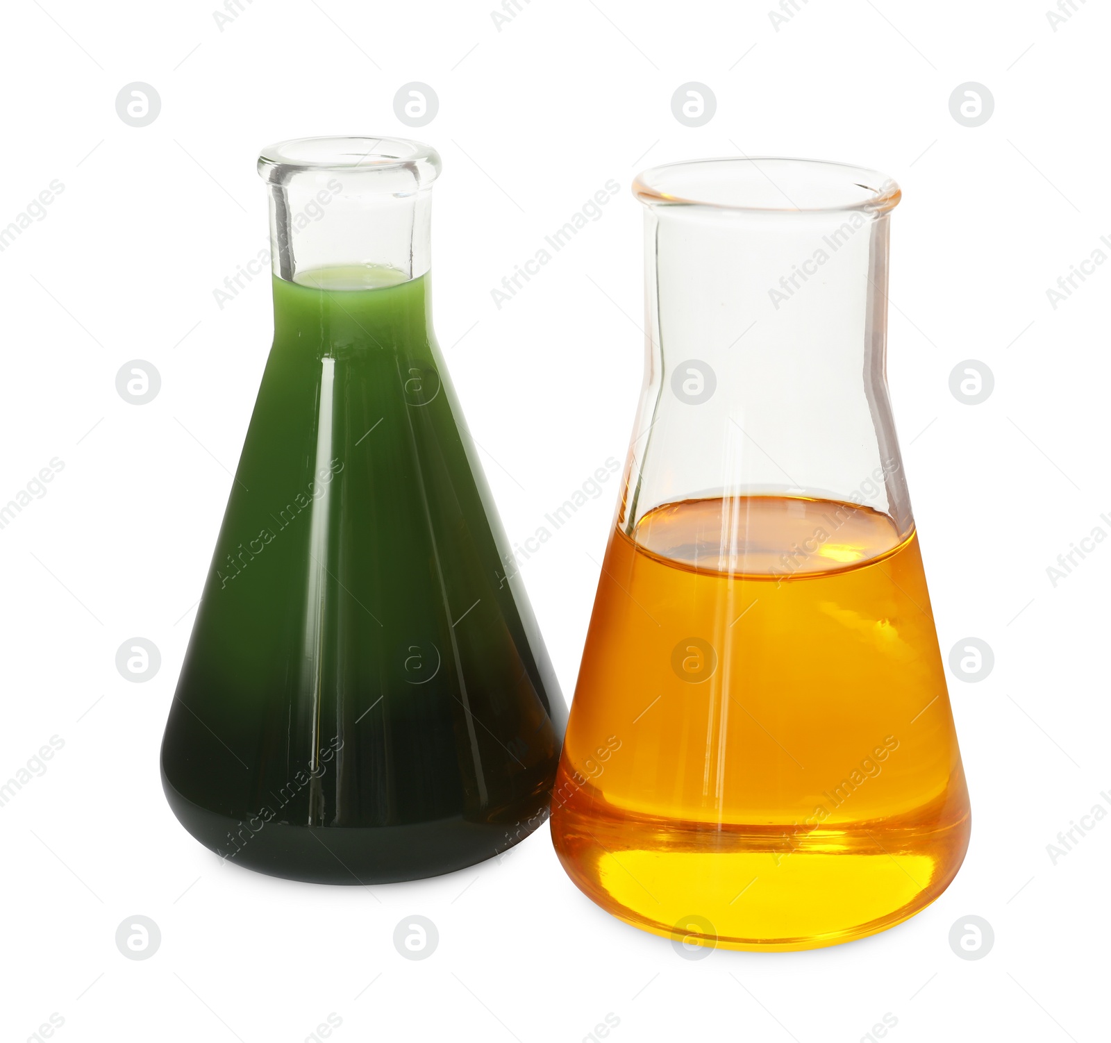 Photo of Flasks with different types of oil isolated on white