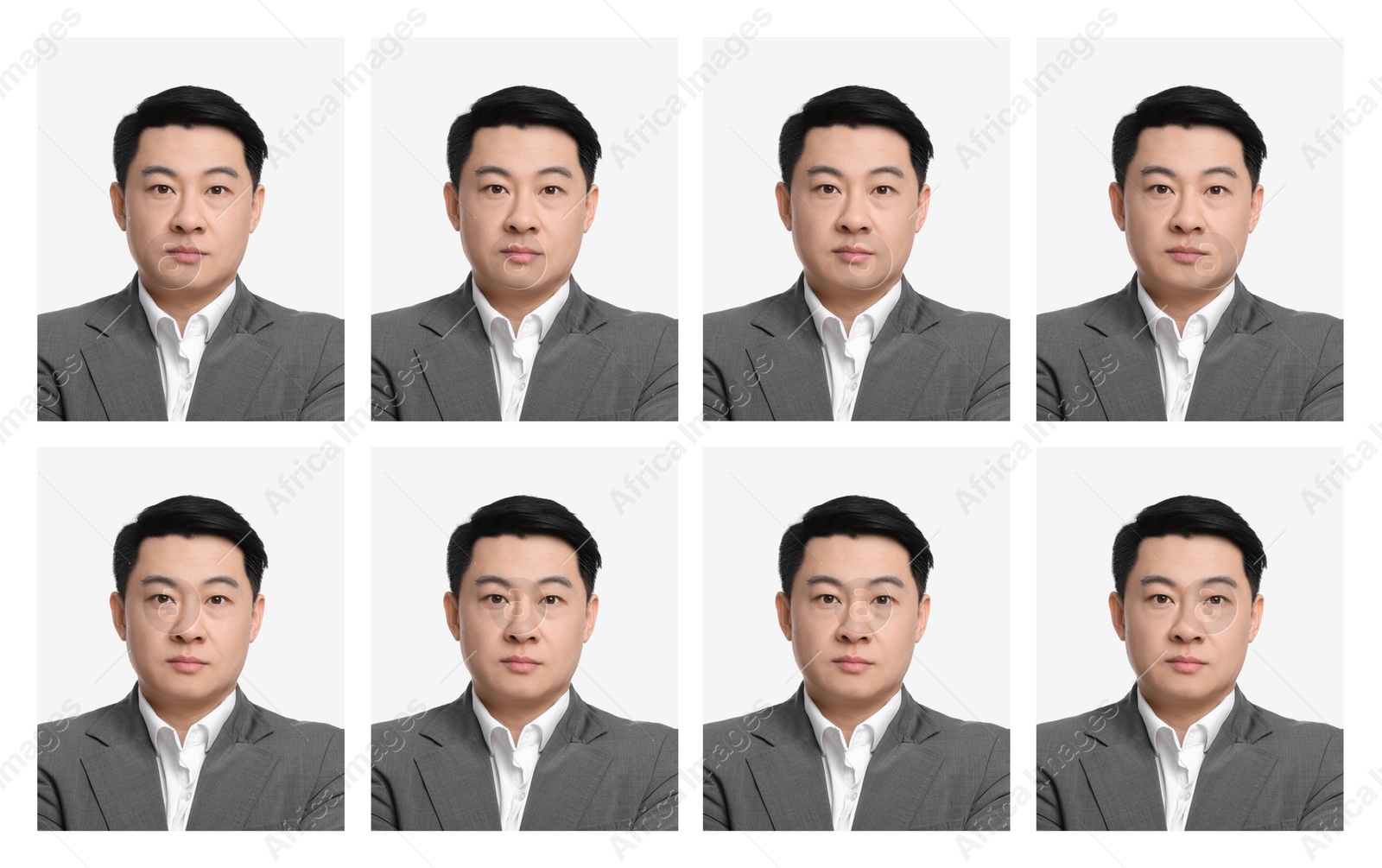 Image of Passport photo, collage. Man on white background, set of photos