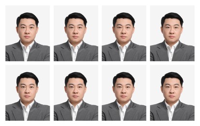 Image of Passport photo, collage. Man on white background, set of photos