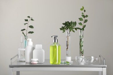 Many containers and glass tubes with leaves on metal table against light grey background