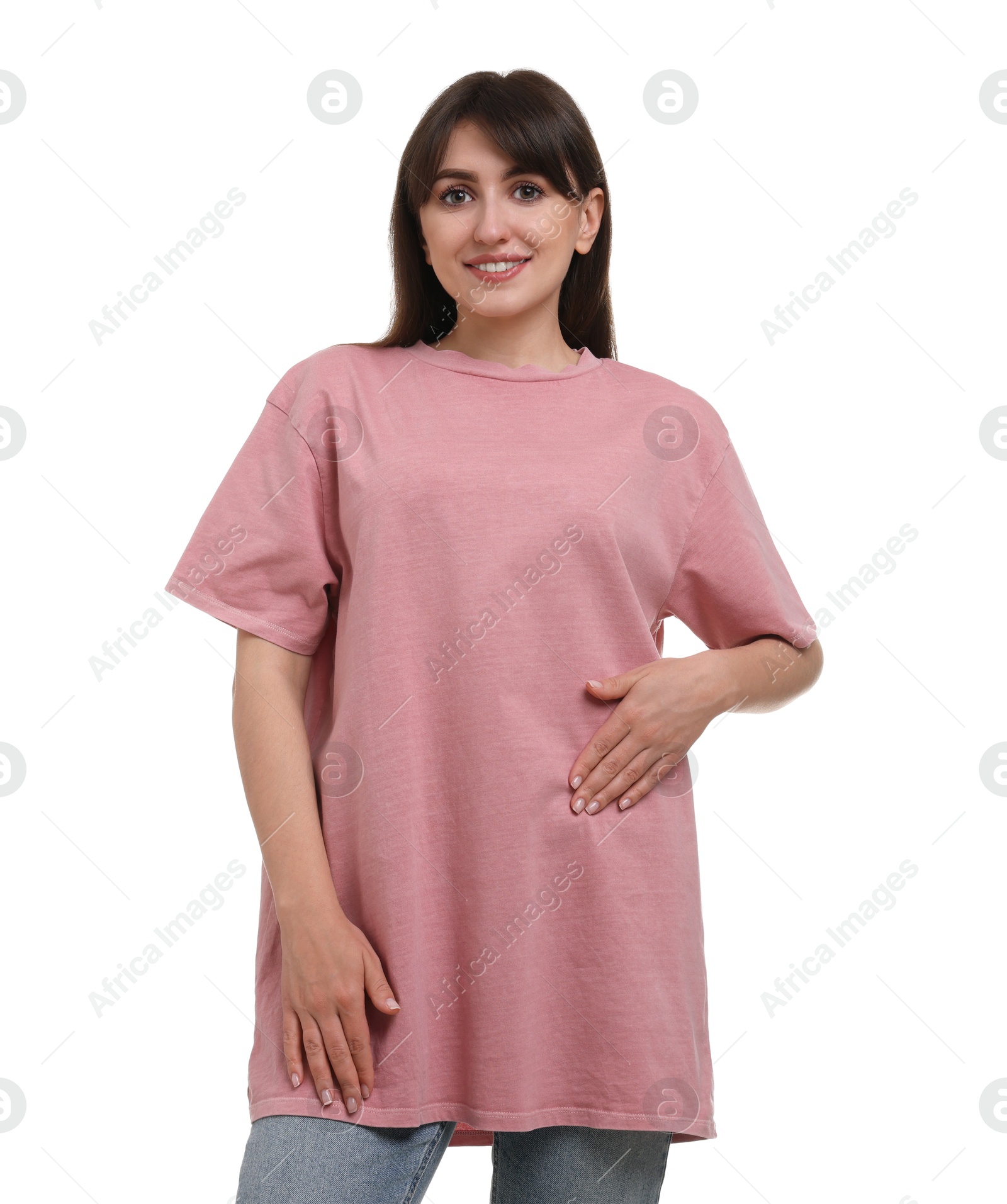 Photo of Smiling woman in stylish pink t-shirt on white background