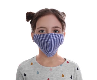 Photo of Girl wearing protective mask on white background. Child's safety from virus