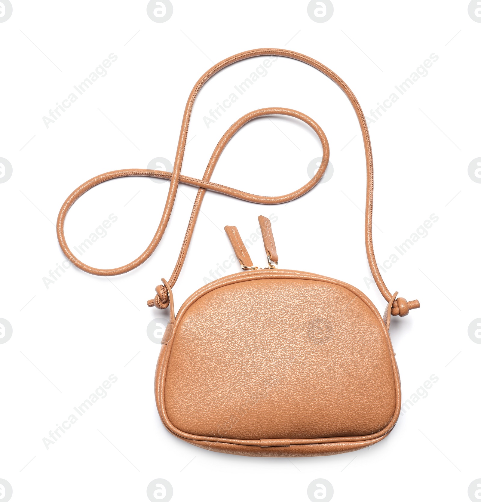 Photo of Stylish light brown leather handbag isolated on white, top view