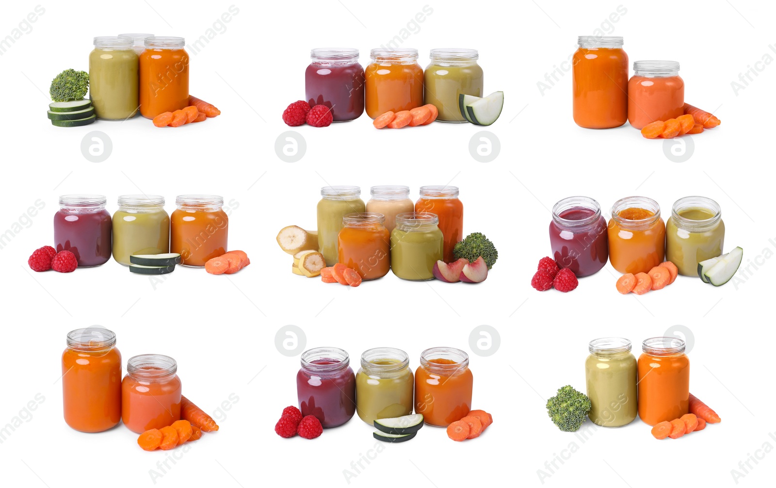 Image of Collage of baby food in jars and fresh ingredients isolated on white