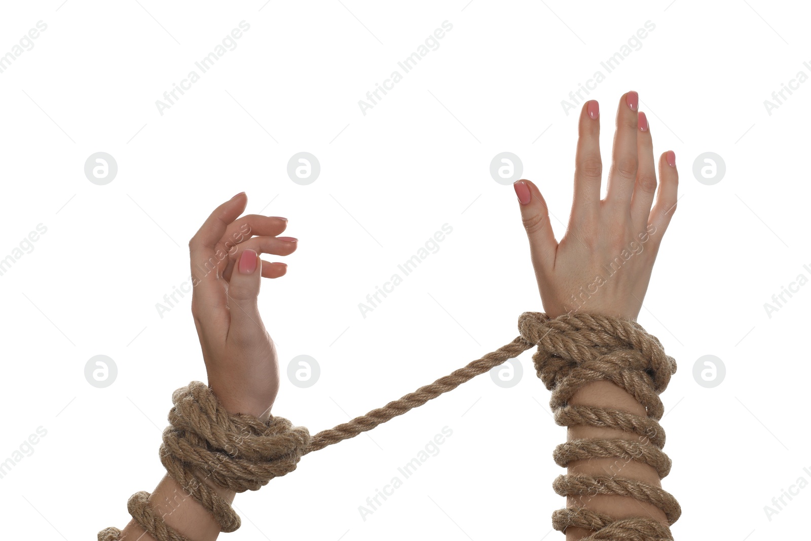 Photo of Freedom concept. Woman with tied arms on white background, closeup