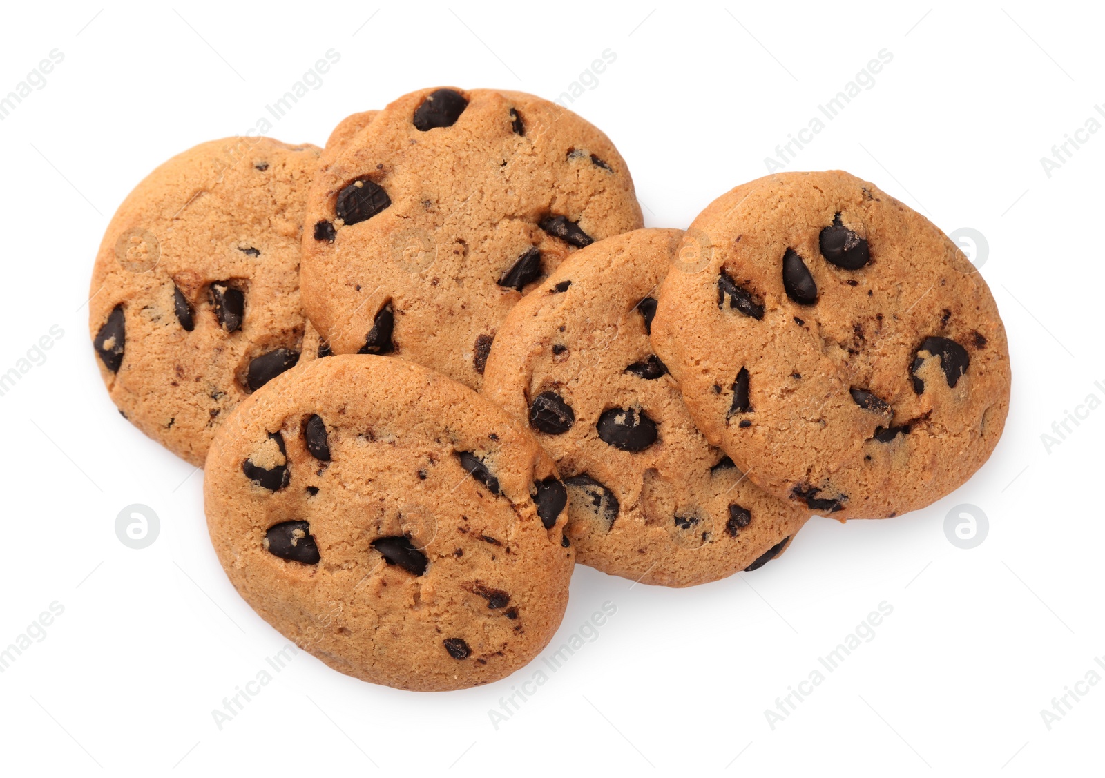 Photo of Delicious chocolate chip cookies isolated on white, top view