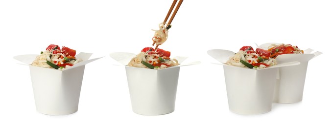 Image of Set with boxes of tasty wok noodles on white background. Banner design
