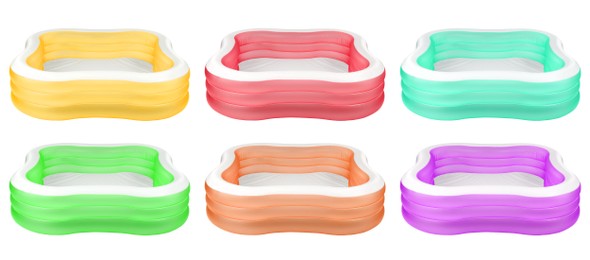 Set with different colorful inflatable rubber pools on white background. Banner design