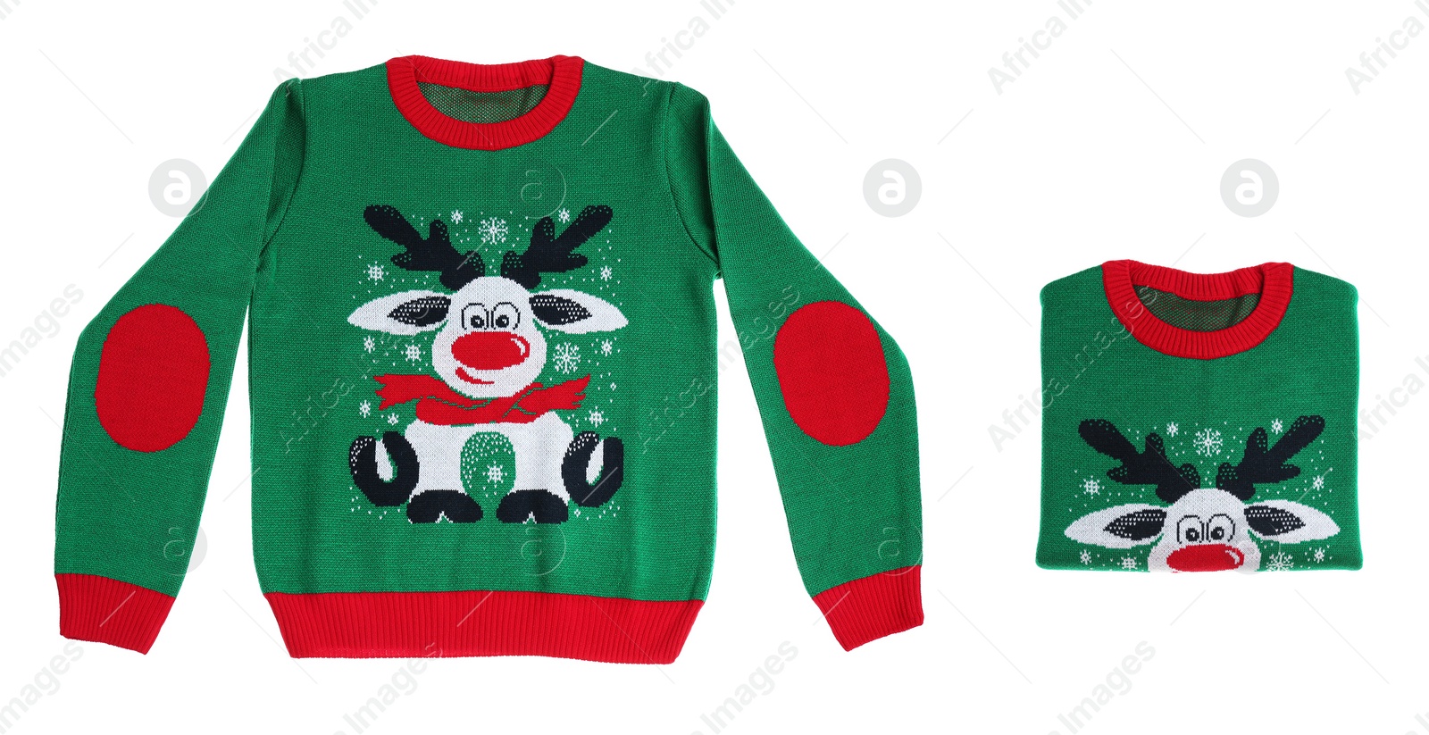 Image of Collage with green Christmas sweater on white background