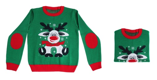 Collage with green Christmas sweater on white background