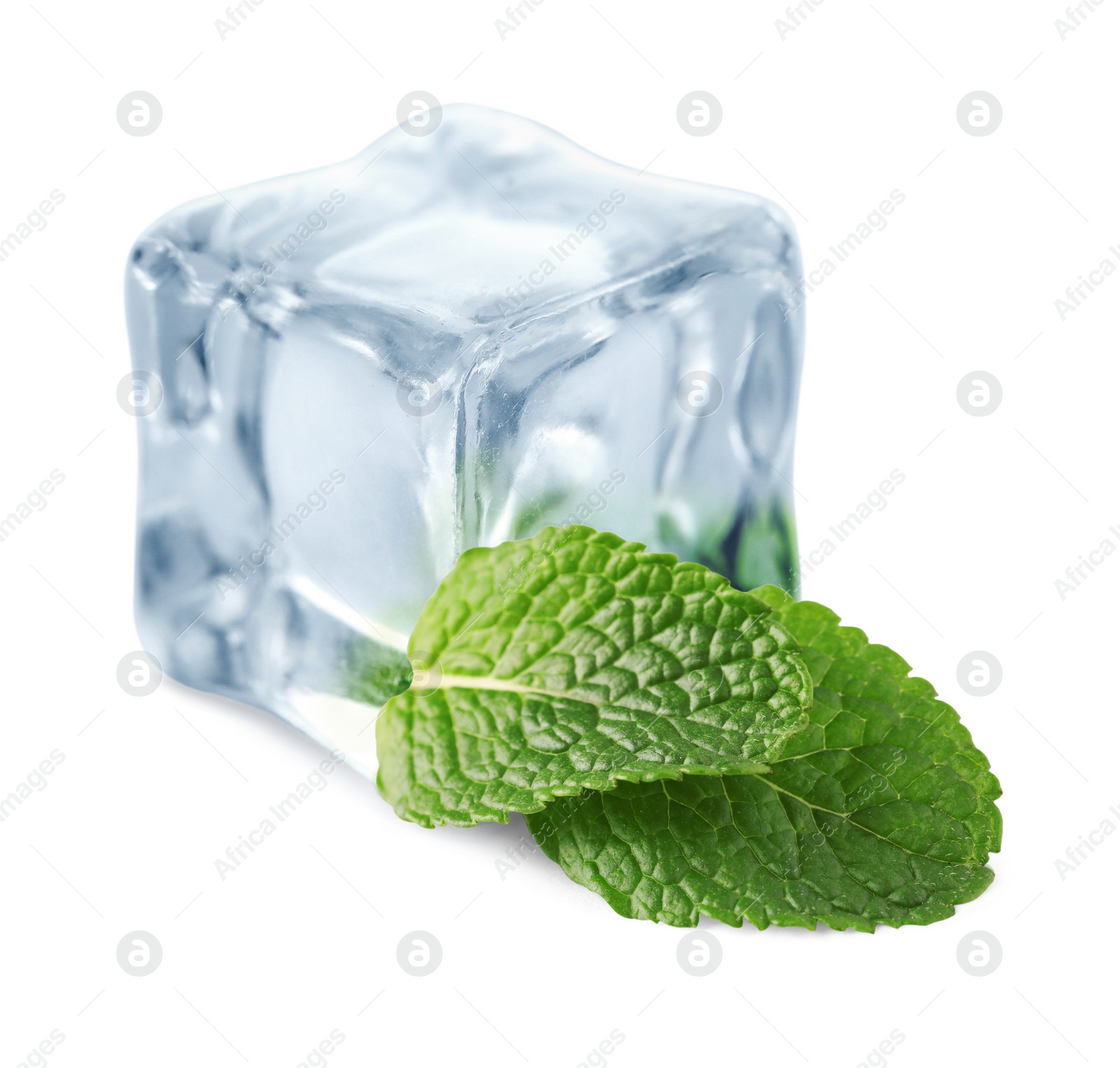 Image of Green mint and ice cube isolated on white