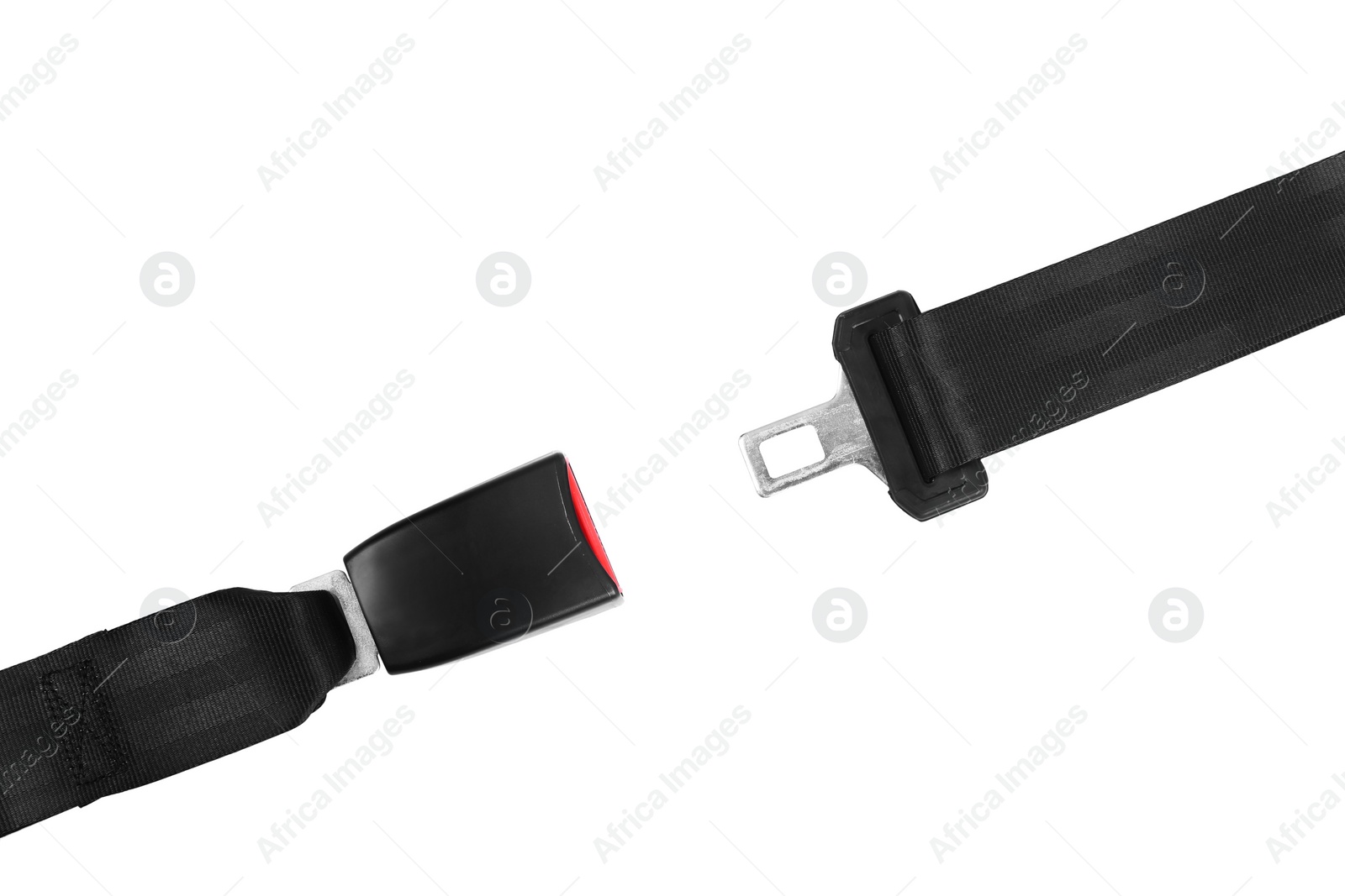 Photo of Open car safety seat belt on white background, top view