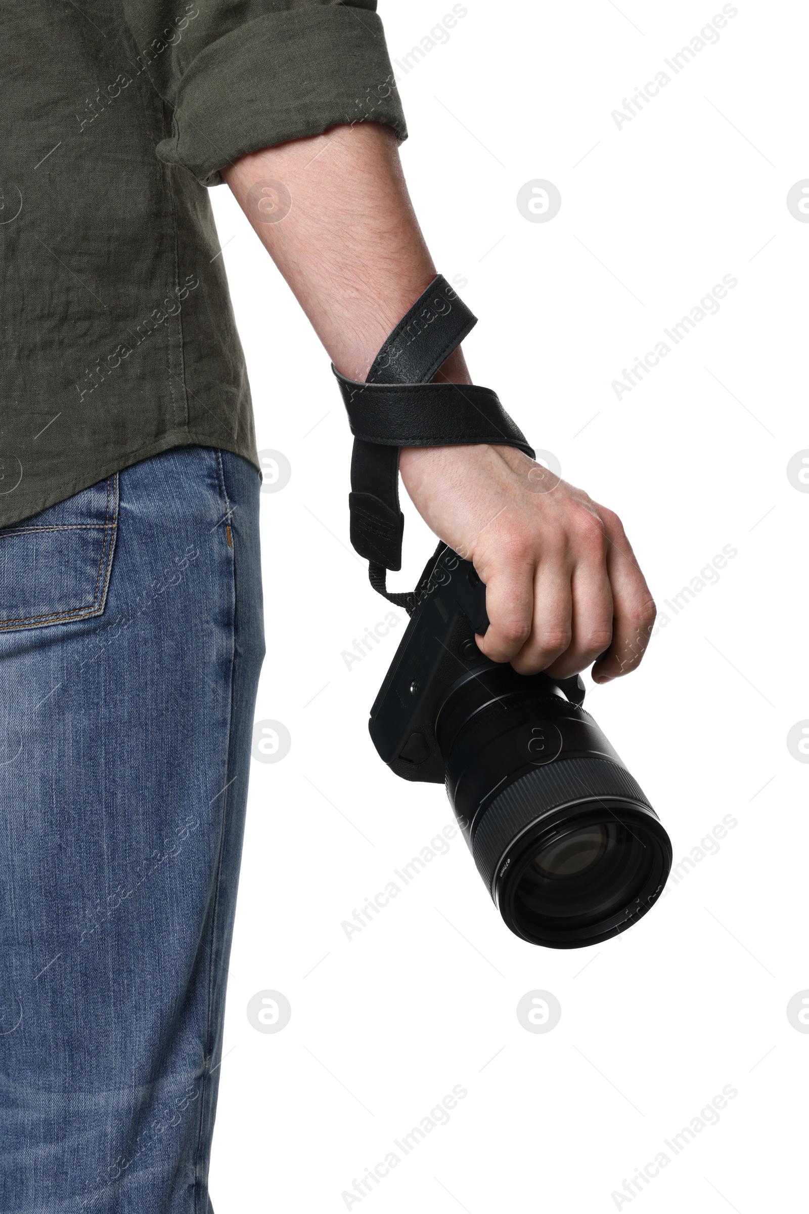 Photo of Photographer holding modern camera on white background, closeup