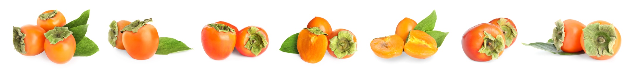 Set of delicious fresh ripe persimmons on white background. Banner design