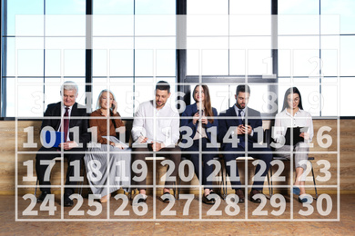 Image of Calendar and people waiting for job interview in office hall
