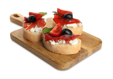 Photo of Delicious sandwiches with bresaola, cream cheese, olives and tomato isolated on white